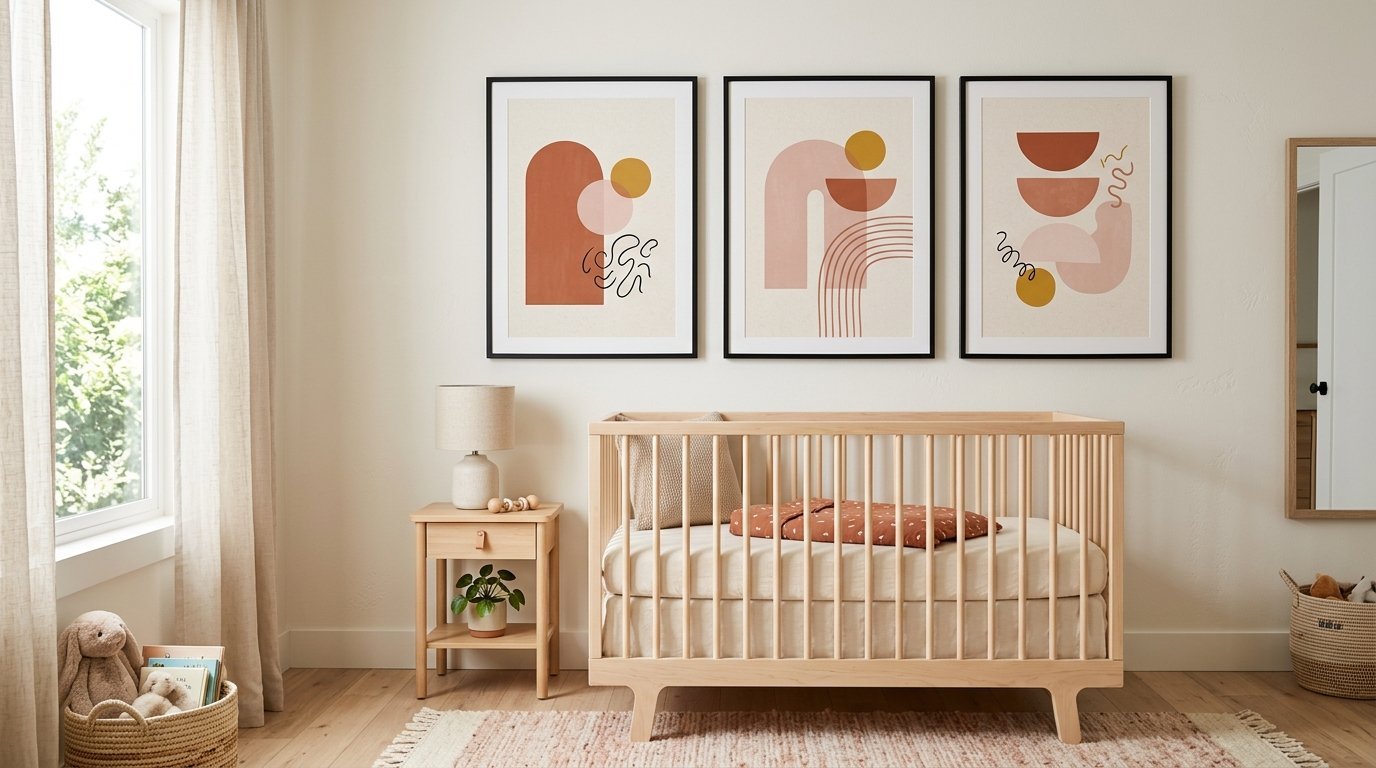 Wooden baby crib next to side table with abstract framed prints hanging on wall above.