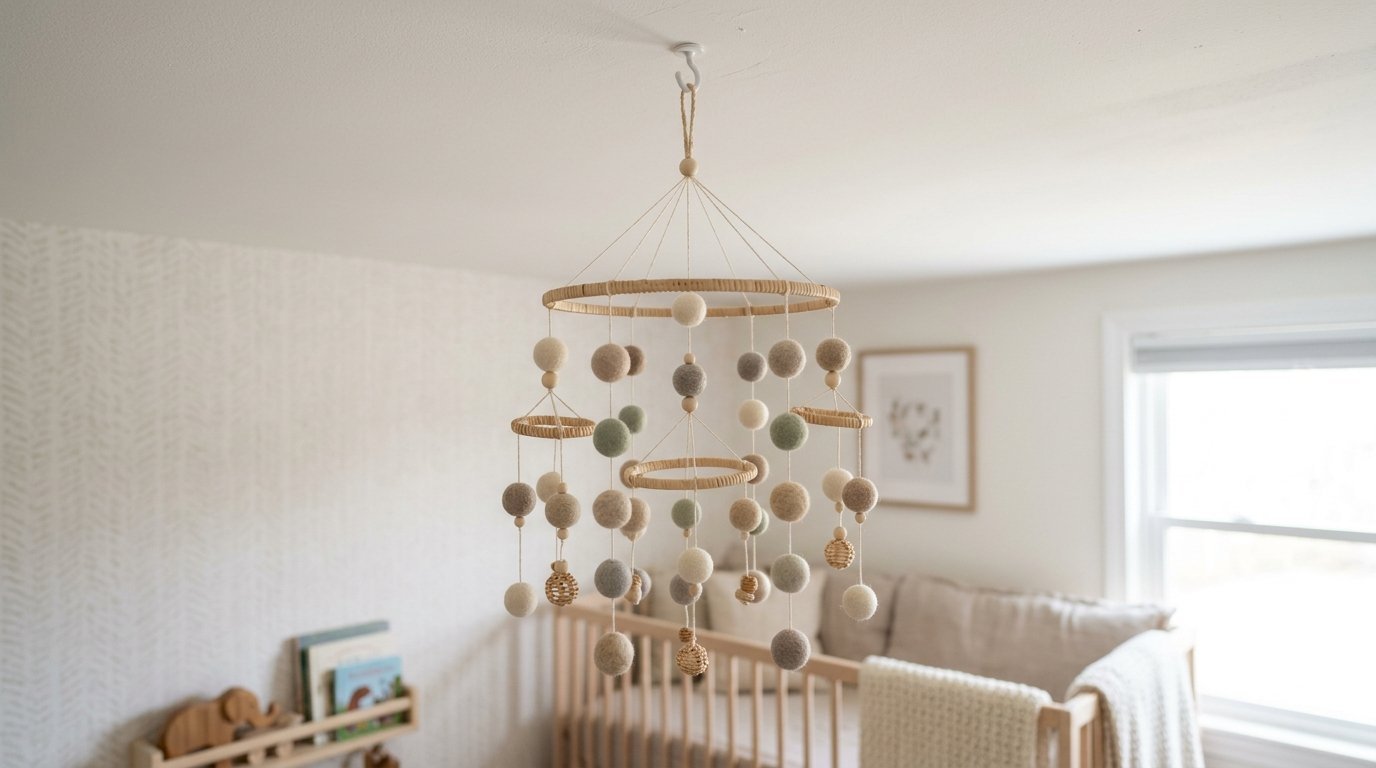 A decorative baby mobile with soft muted pom-poms hanging over a wooden crib.