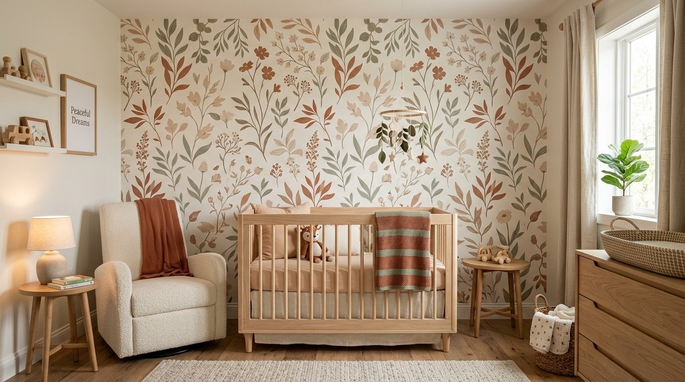 A baby nursery with a light wood crib, floral wall print, and comfortable boucle armchair.