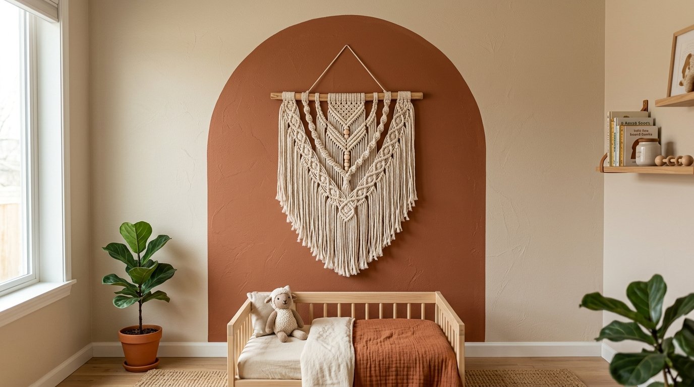 A toddler bed with a stuffed sheep toy sits in front of a wall painted with a large, burnt orange arch and macrame art.