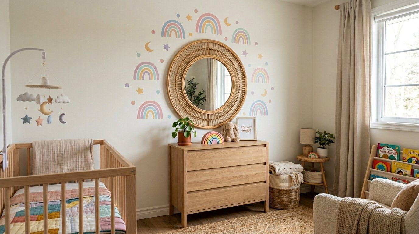Baby nursery with a wooden crib, rattan mirror, rainbow wall stickers, and cozy armchair.