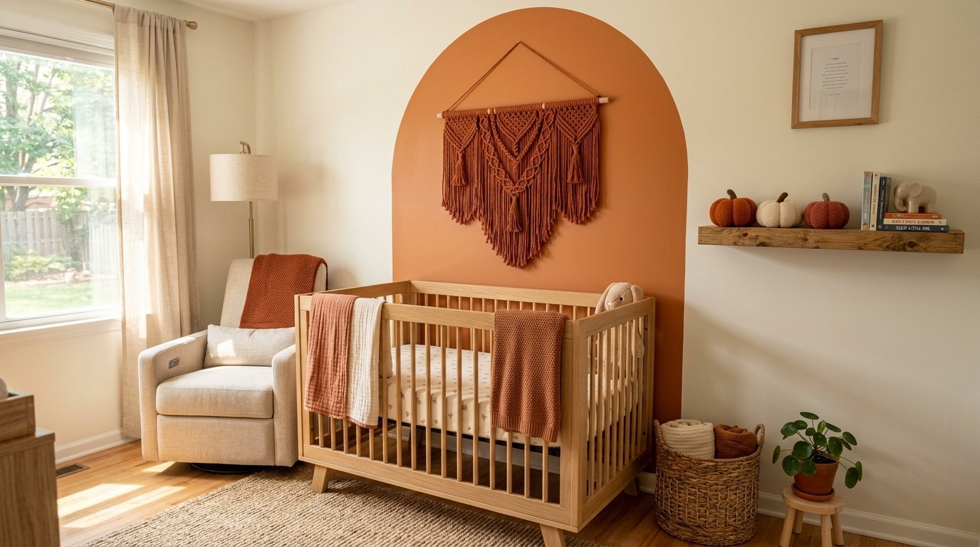 Baby room with wooden crib, macrame wall hanging, and autumn-themed decor shelves.