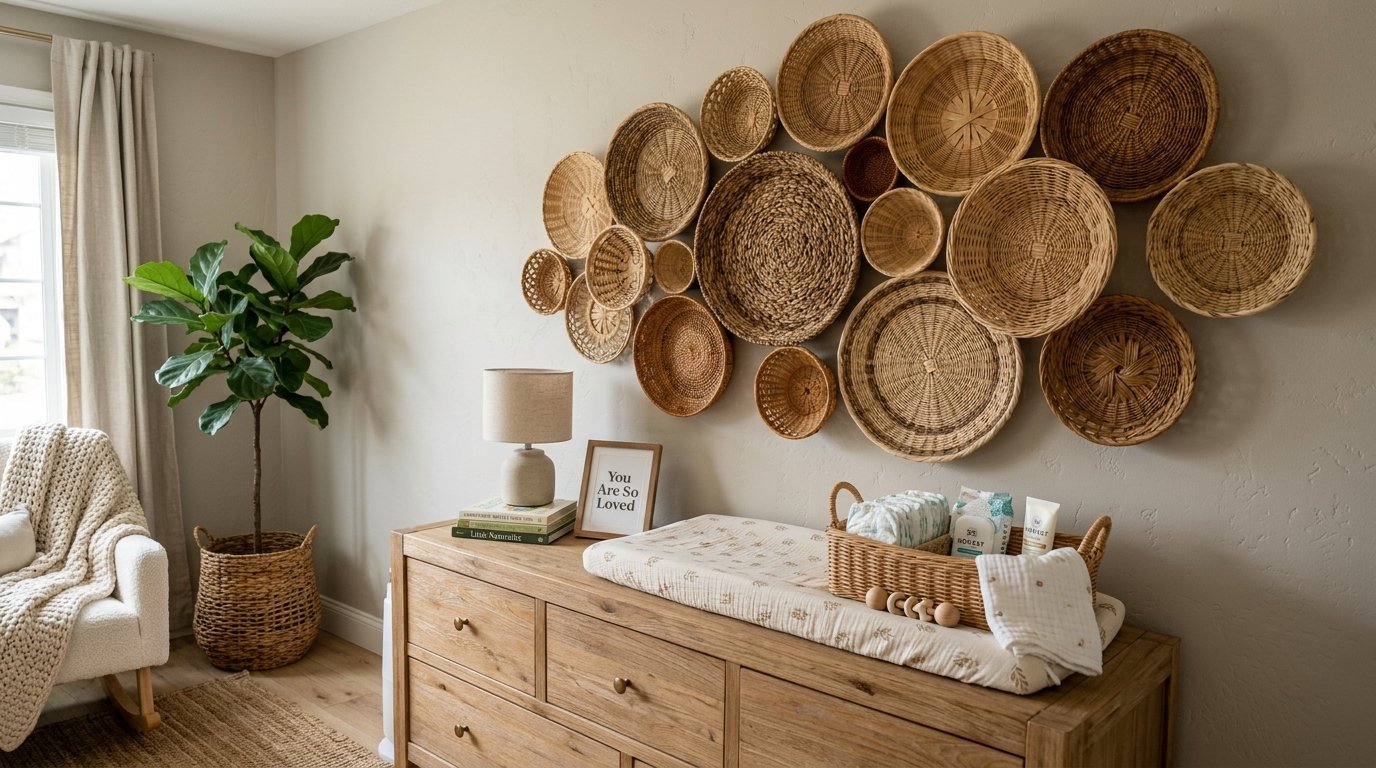 A changing table dresser with a wicker basket wall display in a neutral-toned nursery with a fiddle leaf fig plant.
