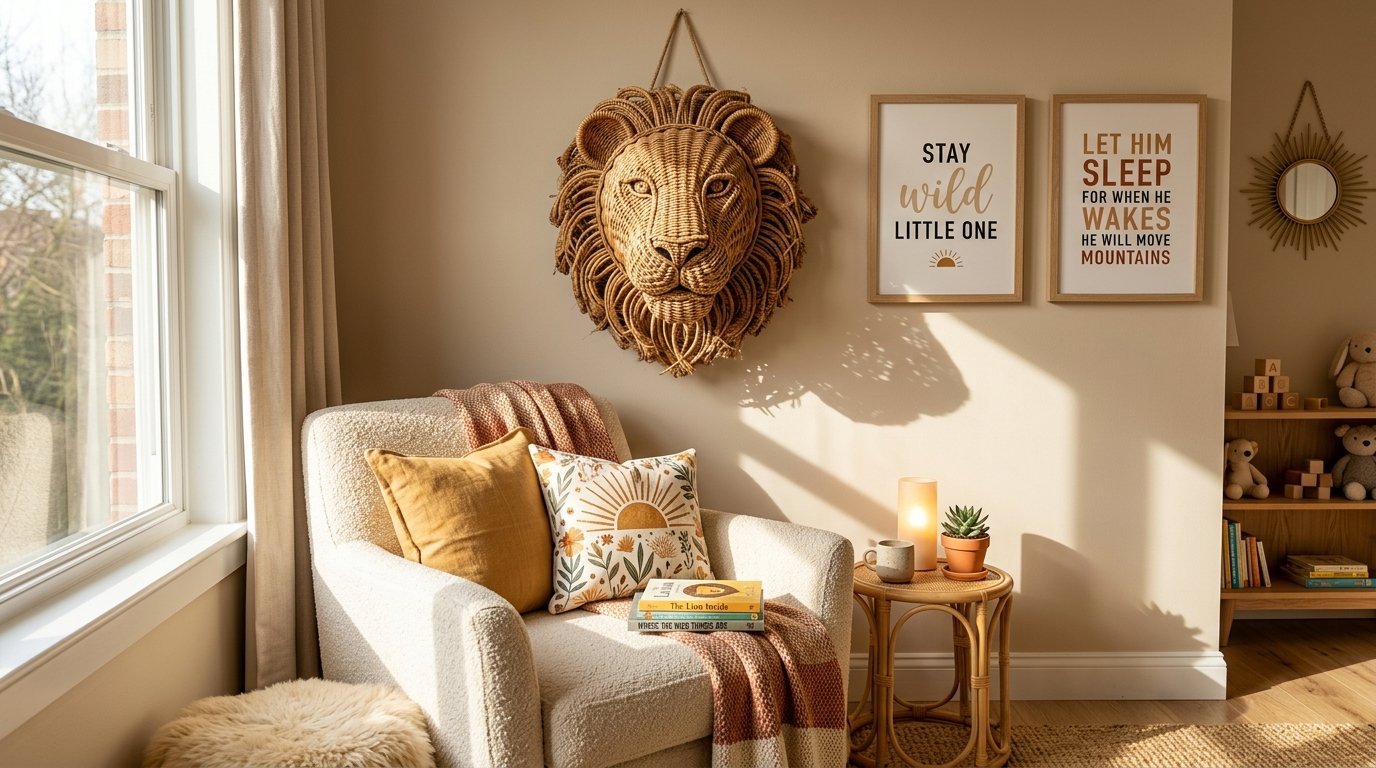 A beige armchair with pillows and a wicker lion head mounted on the wall in a sunny nursery room.