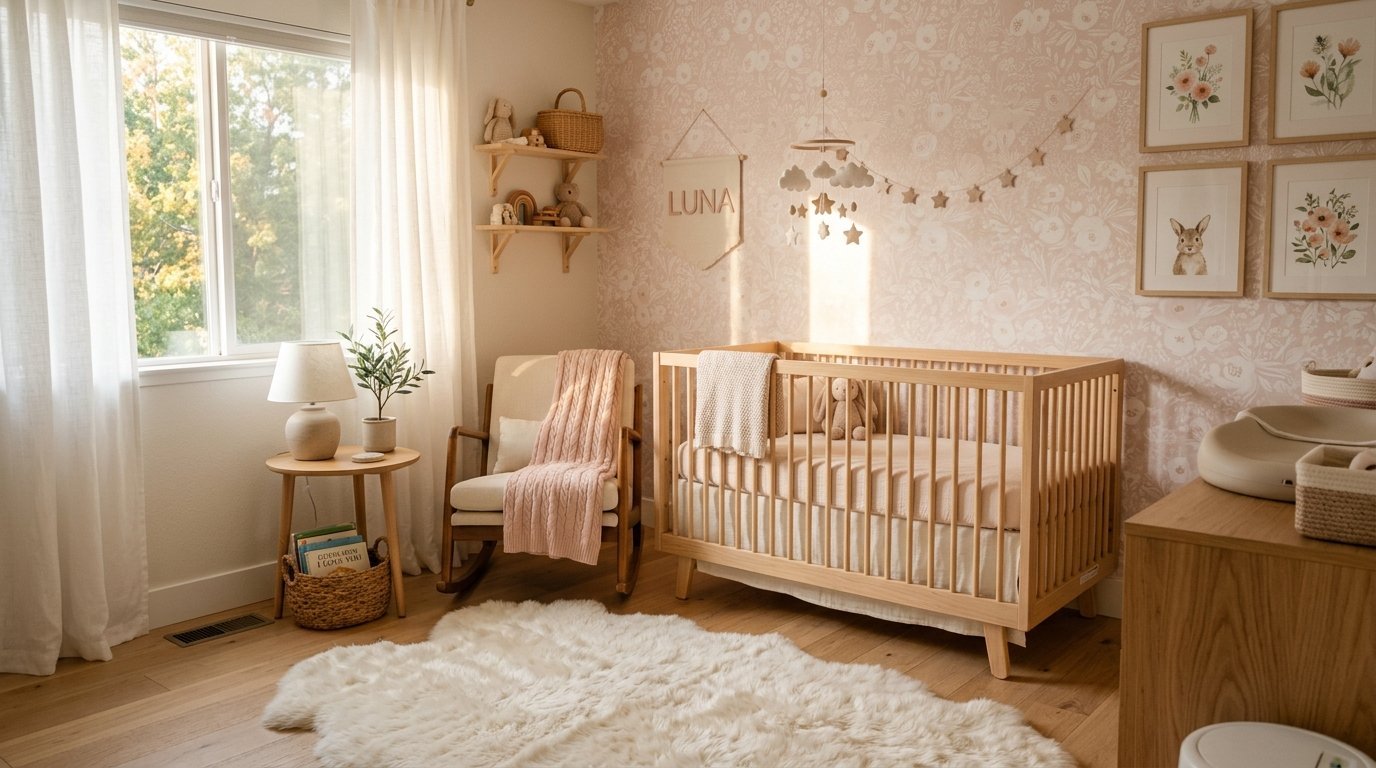 Sunny baby room with a wooden crib, rocking chair, and soft floral patterned wallpaper.