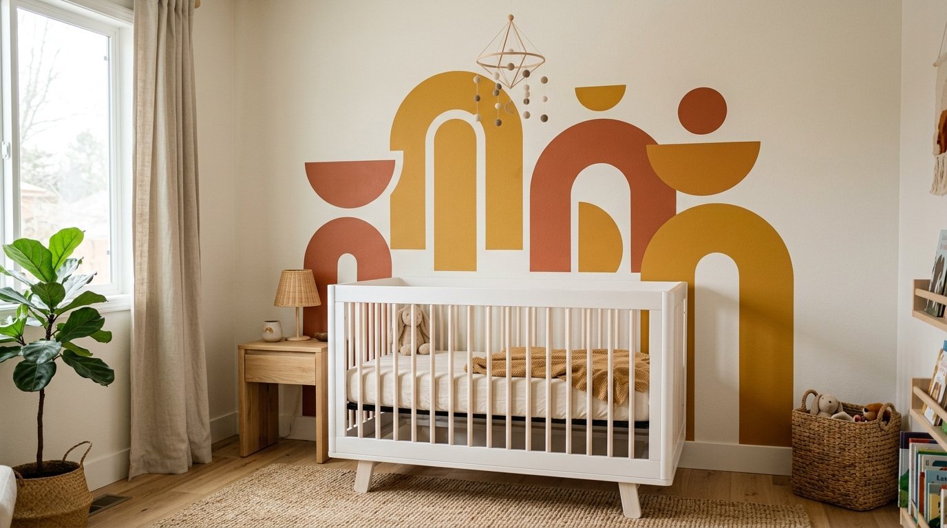 White baby crib centered against a wall with yellow and rust-colored arched geometric shapes.