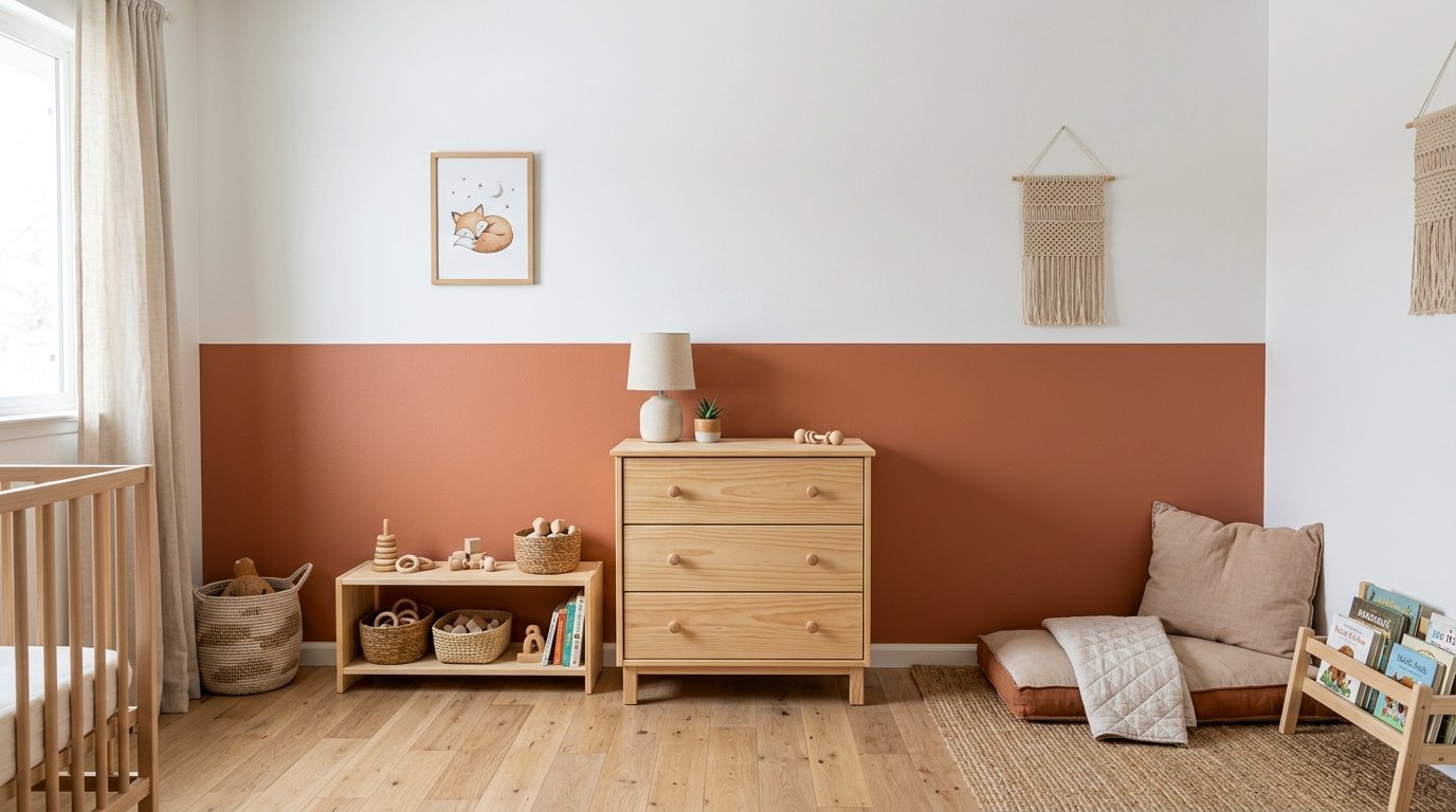 A nursery room with a wooden dresser, low bookshelf, floor cushion, and fox wall art on a two-tone terracotta wall.