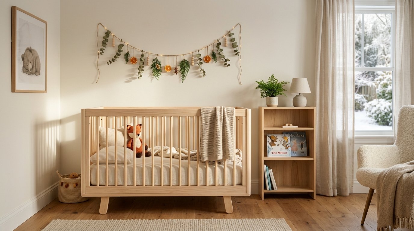 Wooden baby crib in a sunlit nursery with a dried fruit and eucalyptus garland hanging on the wall.
