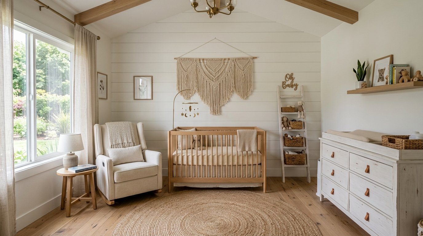 A sunlit nursery with a light wood crib, cream armchair, macrame wall hanging, and jute area rug.