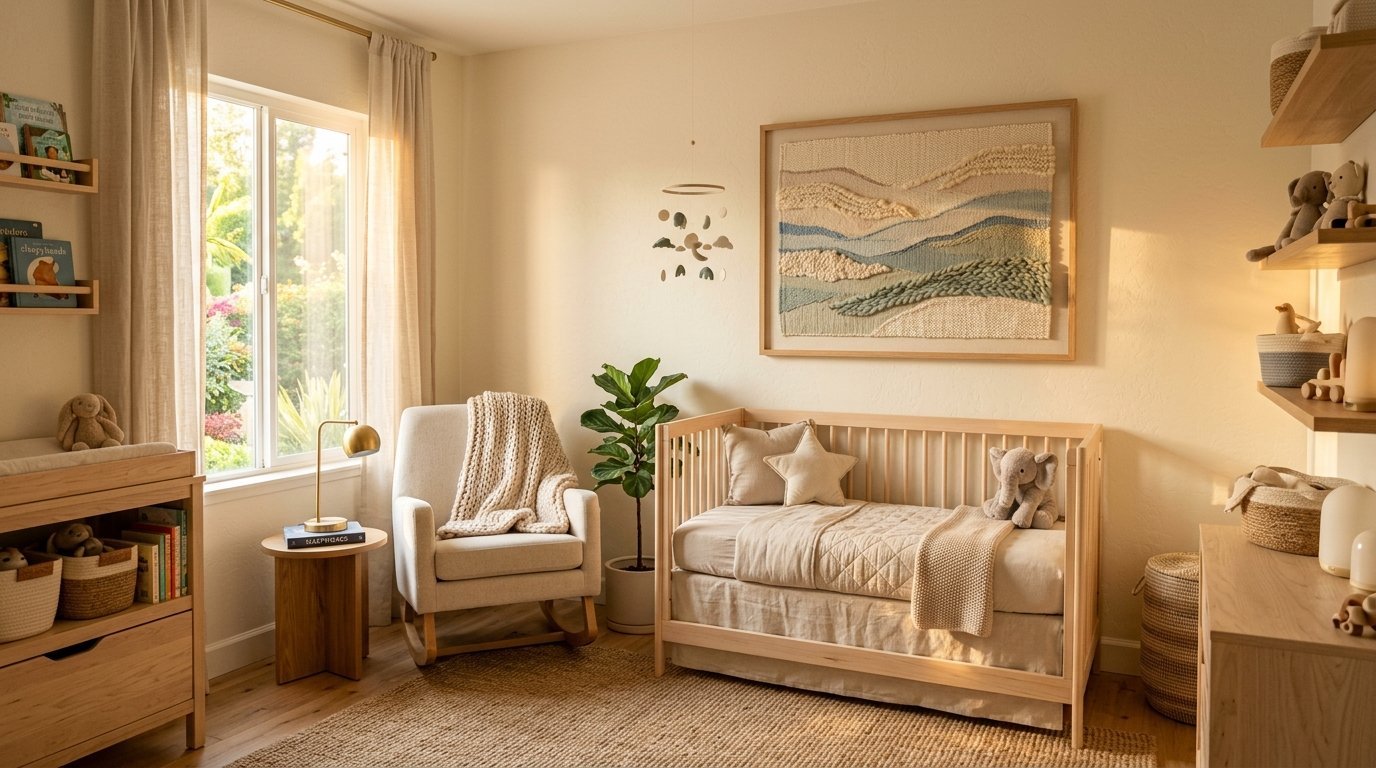 Neutral nursery decor with a rocking chair, wooden crib, plush elephant, and woven landscape wall art.