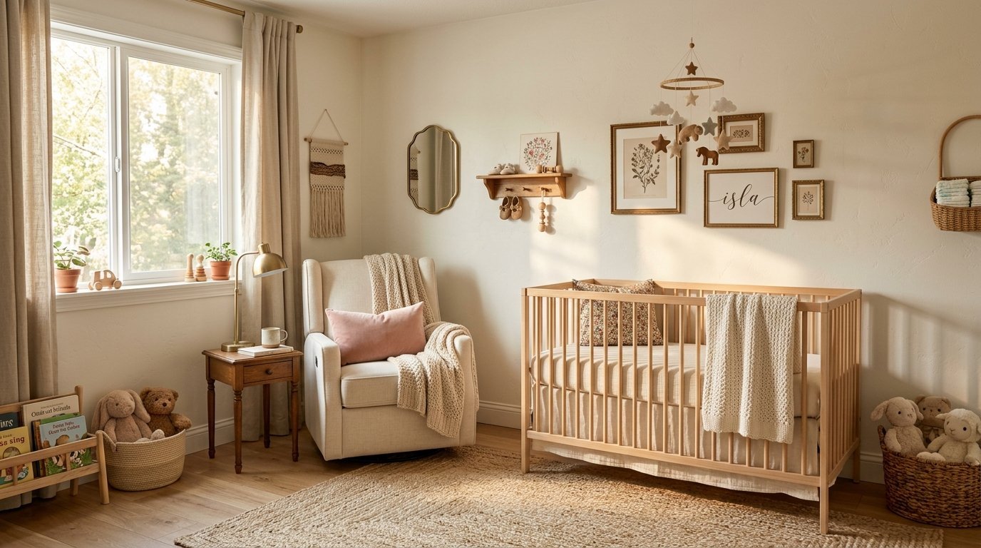 Bright, serene baby nursery with a wooden crib, beige glider, woven rug, and wall-mounted picture frames.