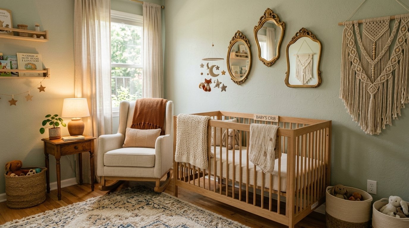 Sage green baby nursery with wooden crib, rocking chair, macrame wall art, and vintage gold mirrors.