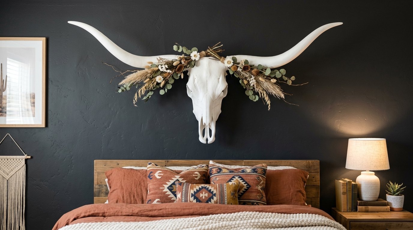 A decorative cow skull adorned with dried flowers mounted on a dark grey bedroom wall above a wooden headboard.