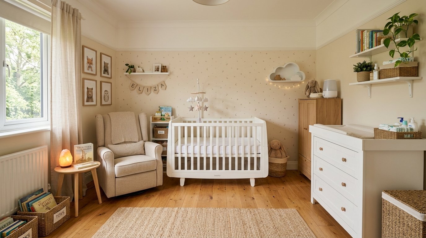 A beige nursery with a white crib, rocking chair, wooden shelves, and moon and star wallpaper pattern.