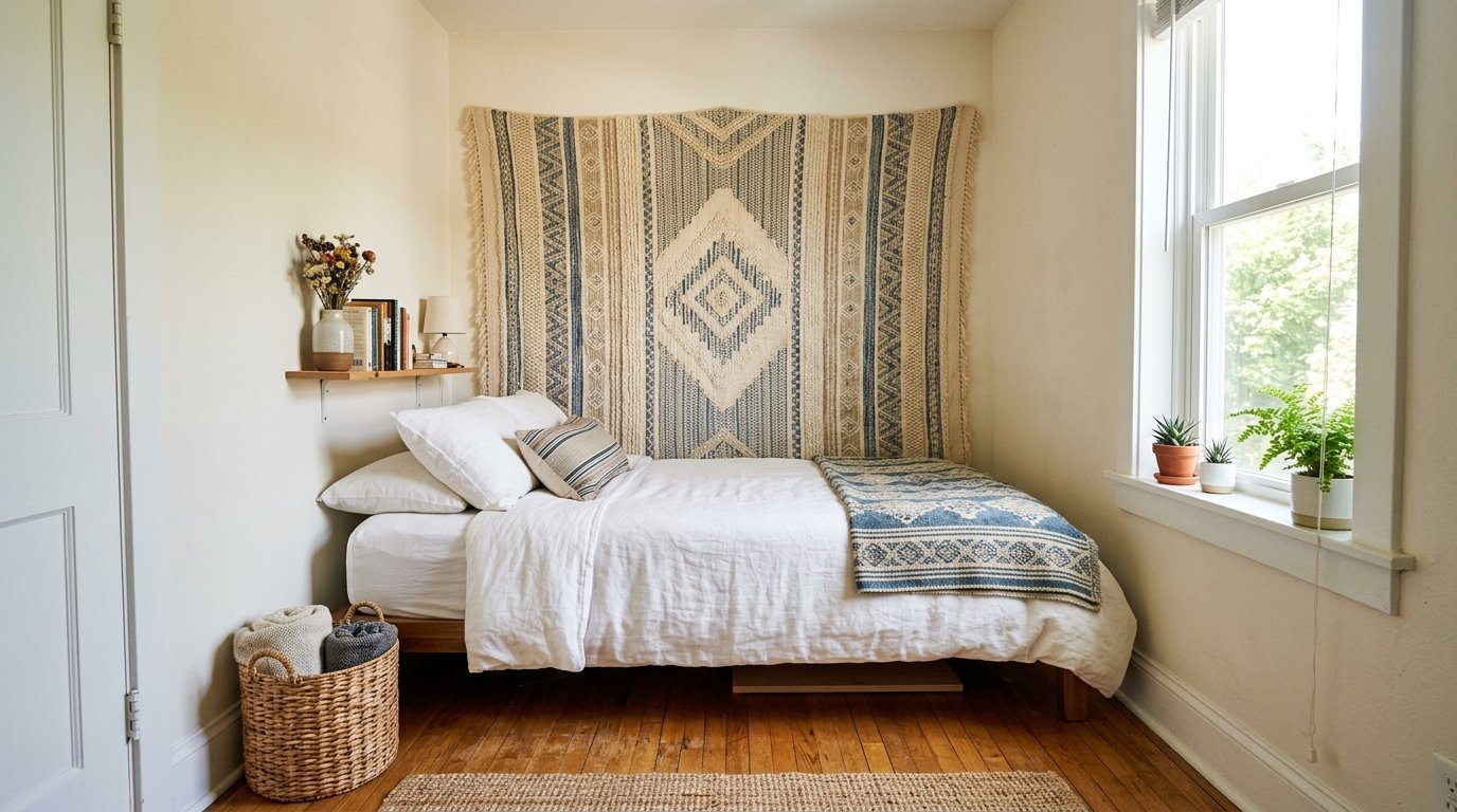 A bedroom corner with a twin bed against a wall decorated with a large textured blue and white woven rug.