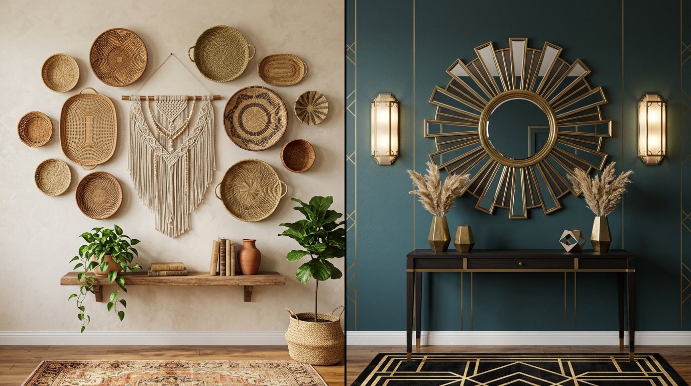 Comparison of a rustic boho wall with baskets and a dark teal wall featuring a gold sunburst mirror and console table.