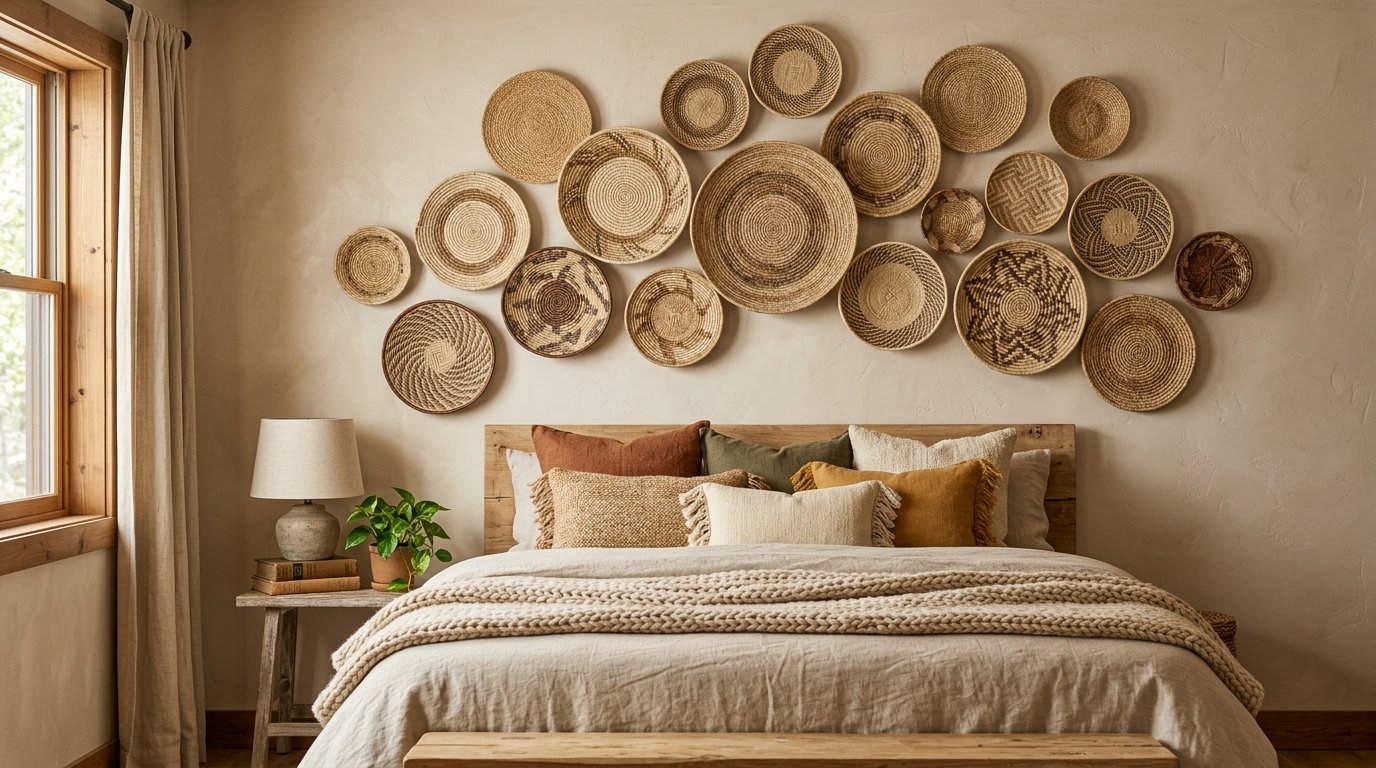 A beige bedroom wall decorated with an arrangement of various woven rattan baskets above a wooden headboard.