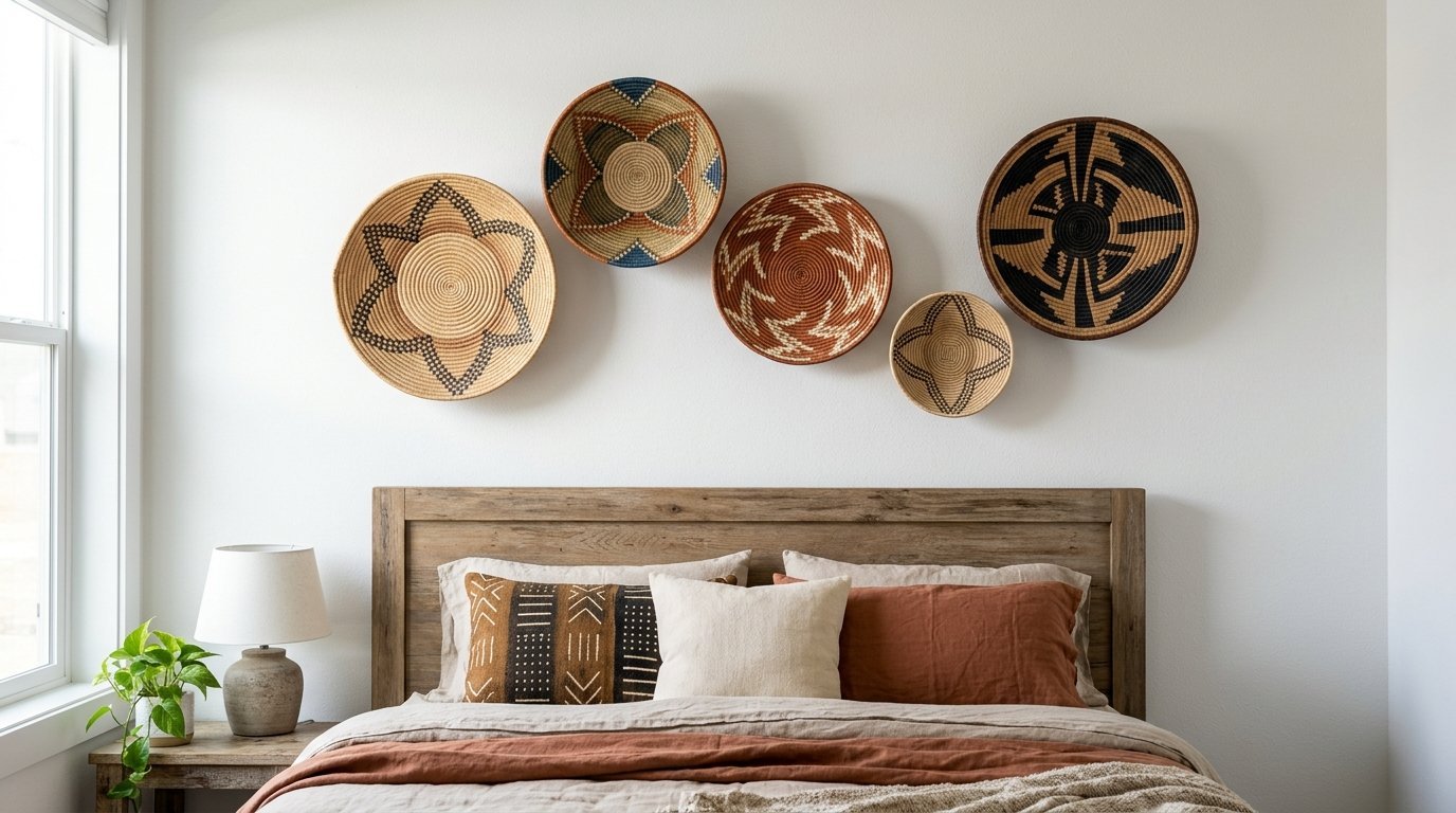 Five assorted decorative woven baskets hung on a white wall above a wooden headboard and earth-toned bedding.
