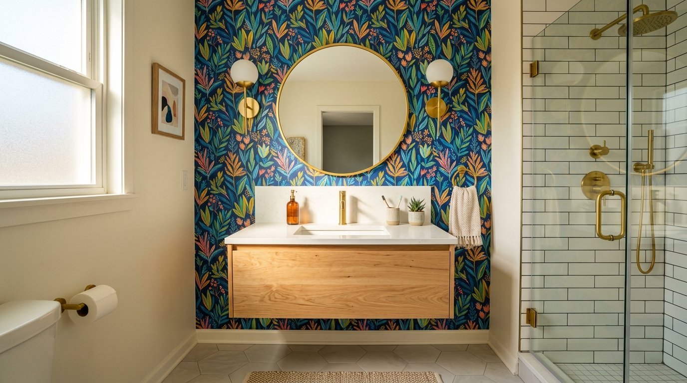 Modern bathroom with a wooden vanity, round gold mirror, and colorful floral wallpaper.