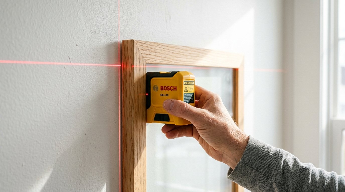 Hand holding a yellow Bosch laser level against a wooden picture frame on a wall with red crosshair laser lines.