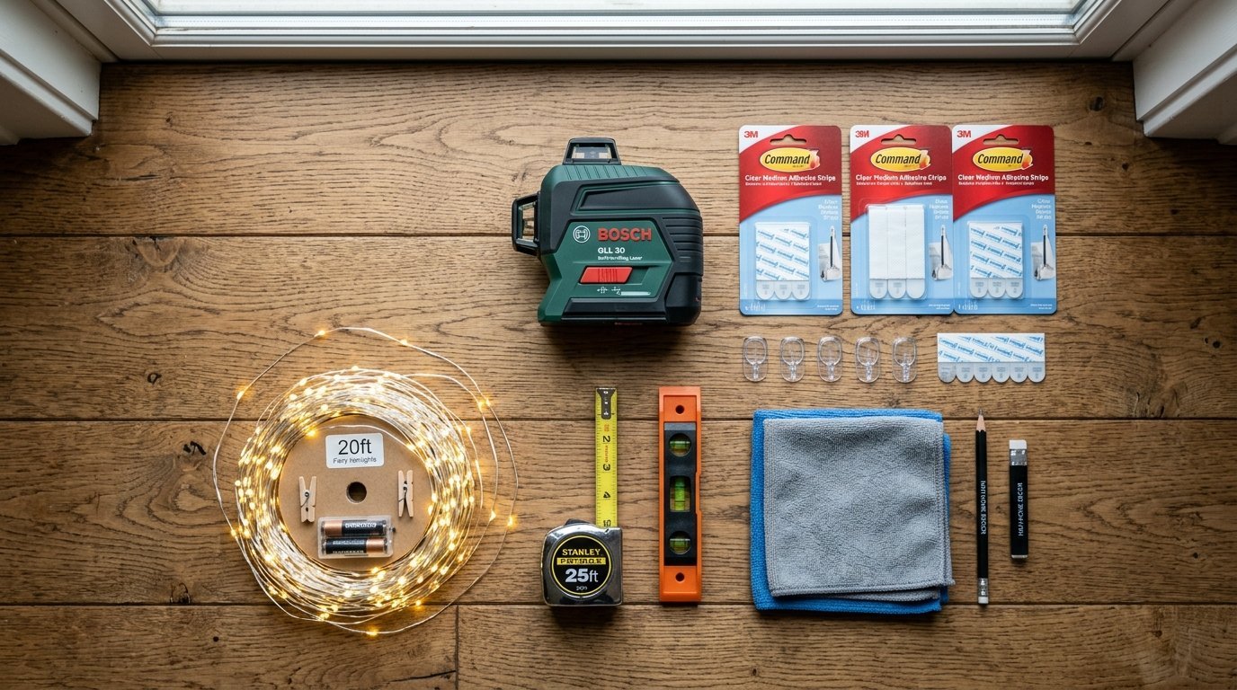 Top-down view of a laser level, measuring tape, command strips, fairy lights, and hand tools for wall decoration.