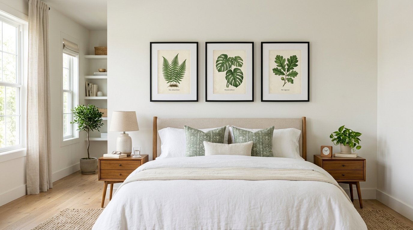 A bright bedroom with a white bed, wooden nightstands, and three framed nature illustrations on the wall.
