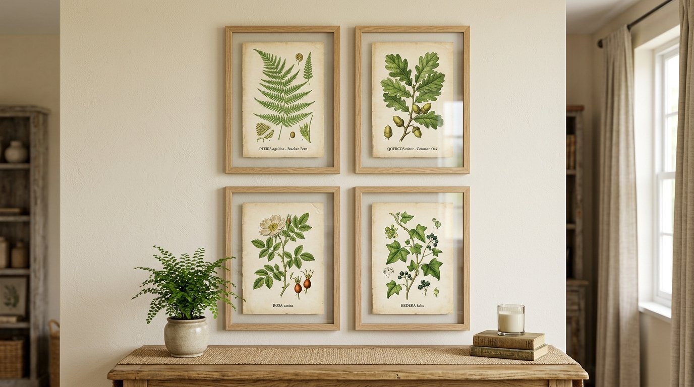 A gallery wall featuring four framed vintage botanical prints hung above a wooden console table with a fern and books.