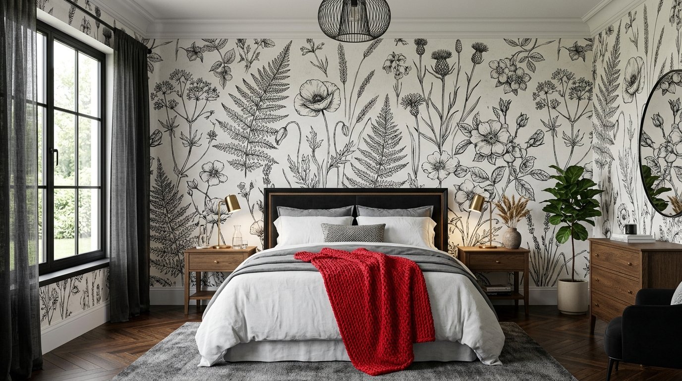 Contemporary bedroom with floral line art wallpaper and a bold red throw blanket on a king size bed.