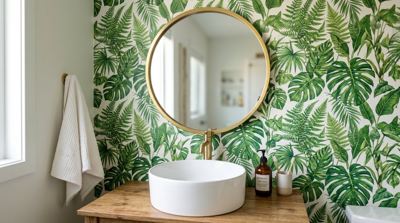 A white bathroom basin sits on a wooden vanity against a vibrant wall covered in leafy tropical fern wallpaper.