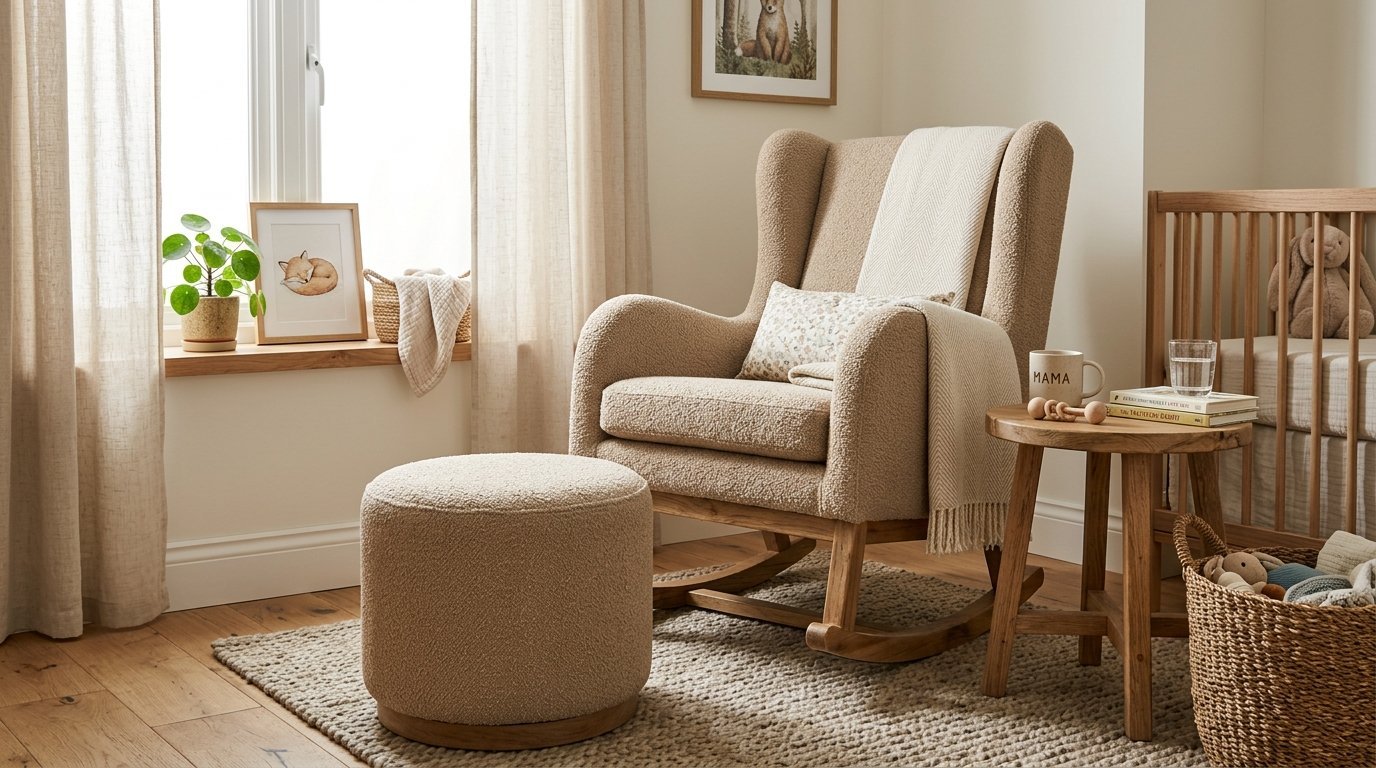 A beige boucle rocking chair and matching ottoman in a bright, modern nursery with wooden furniture.