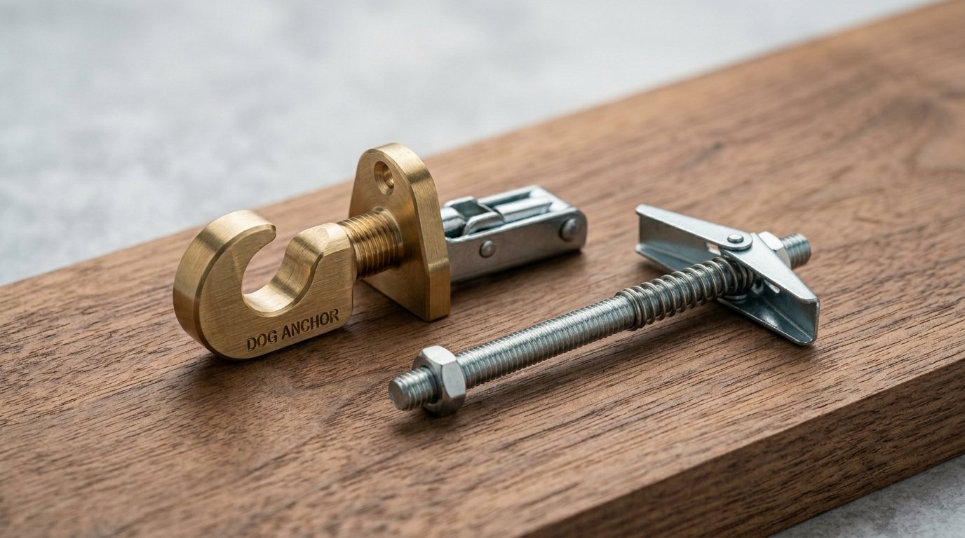 A gold-toned metal hook labeled Dog Anchor resting beside a steel toggle bolt on a piece of wood.