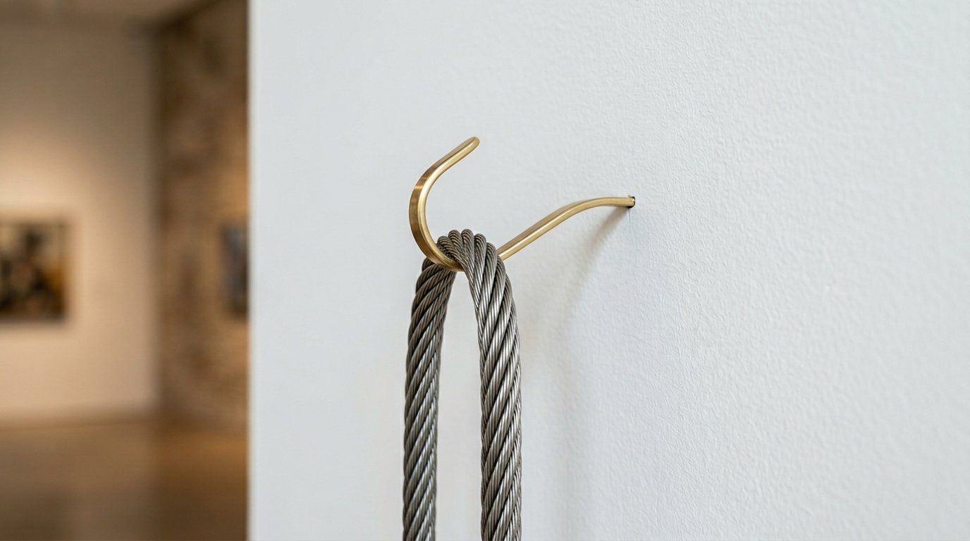 Close-up of a braided wire rope looped over a polished gold-toned wall hook on a white gallery wall.