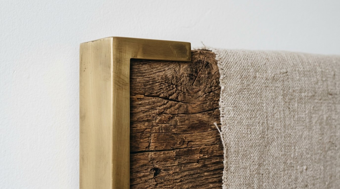 A metallic brass edge piece attached to a textured reclaimed wooden board next to beige woven fabric.