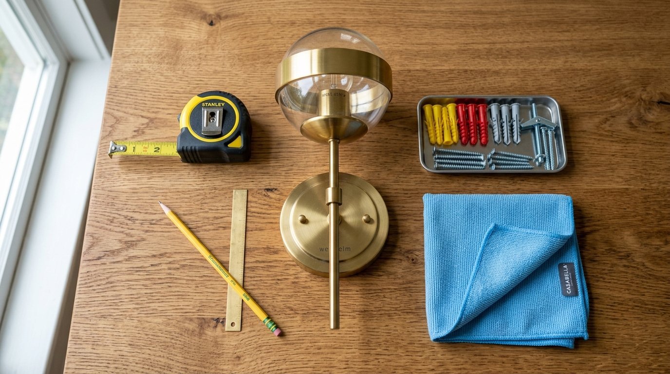 A gold wall light, tape measure, pencil, screws, anchors, and a blue cleaning cloth arranged on a wooden table.