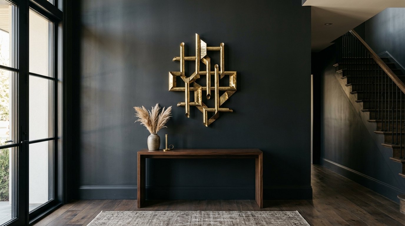 Modern wooden table against a dark charcoal wall with a geometric brass sculpture and a vase of dried pampas grass.