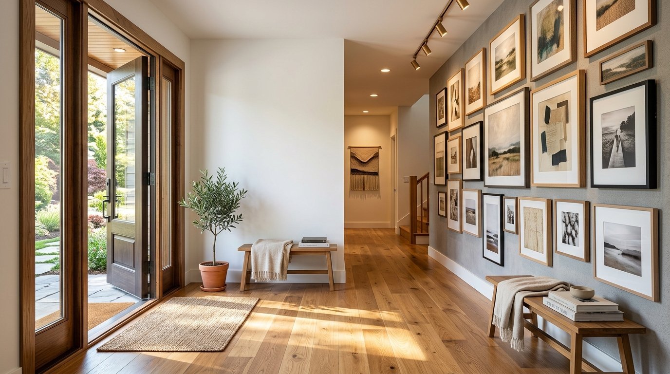 A sun-drenched foyer with a hardwood floor, open front door, and a wall covered in various framed art prints.