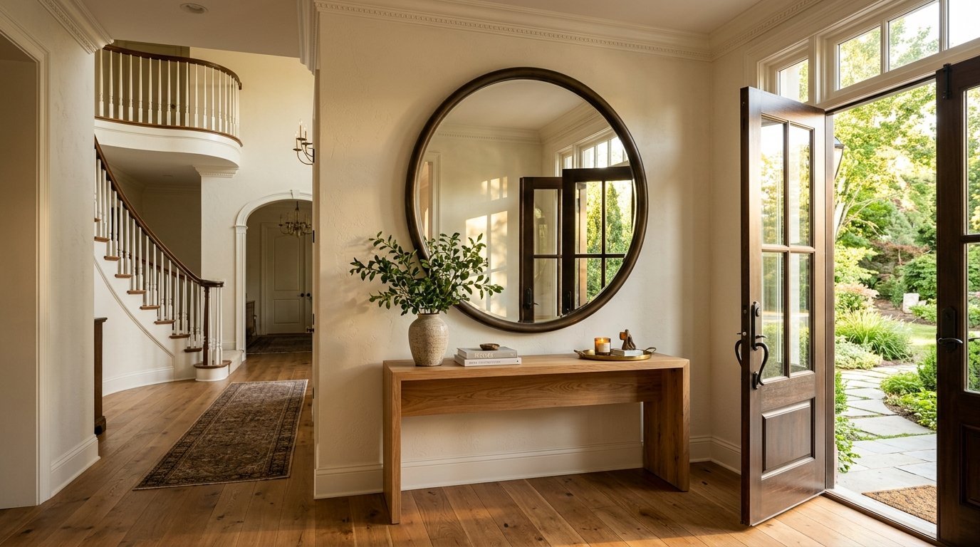 A foyer with a wood console table, round wall mirror, and open door showing a lush green backyard.