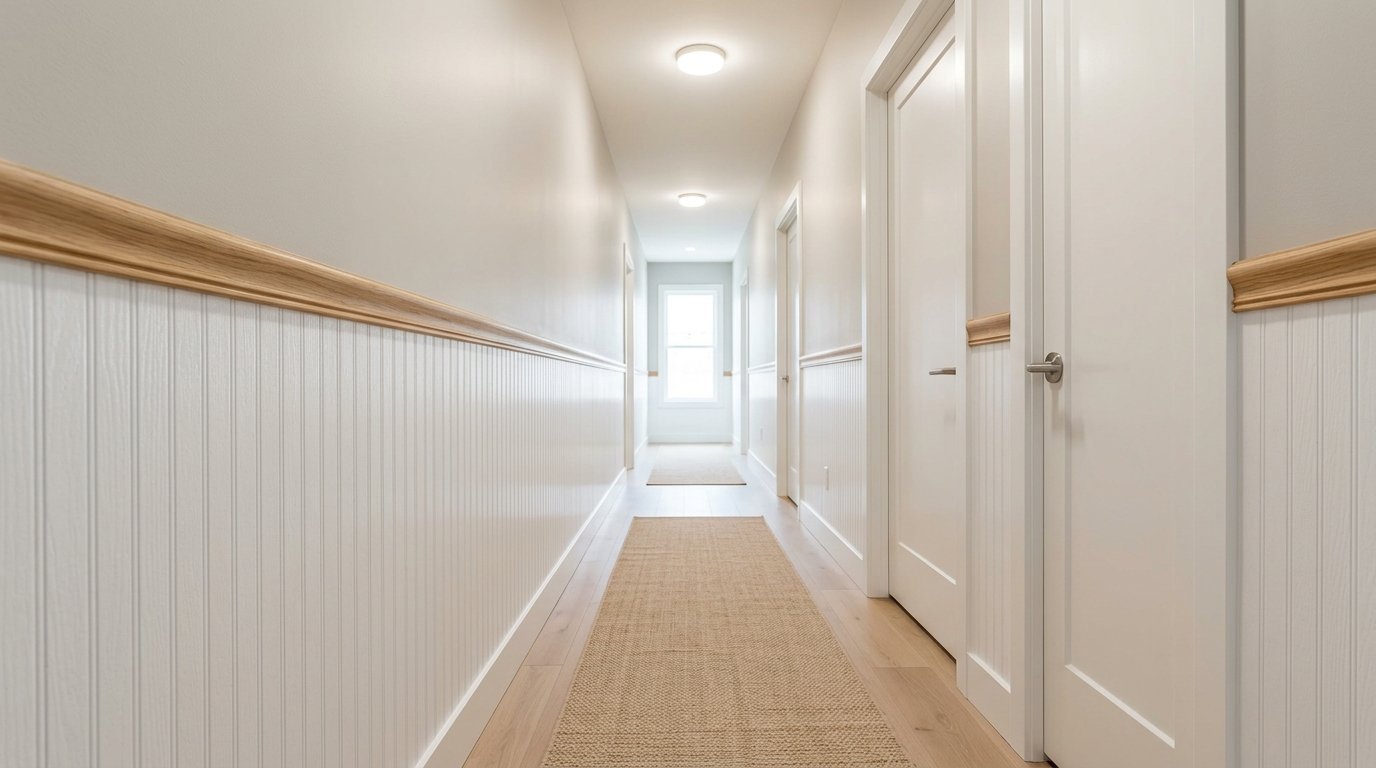 Narrow home corridor with vertical white wood paneling, light oak trim, and a woven floor runner leading to a window.