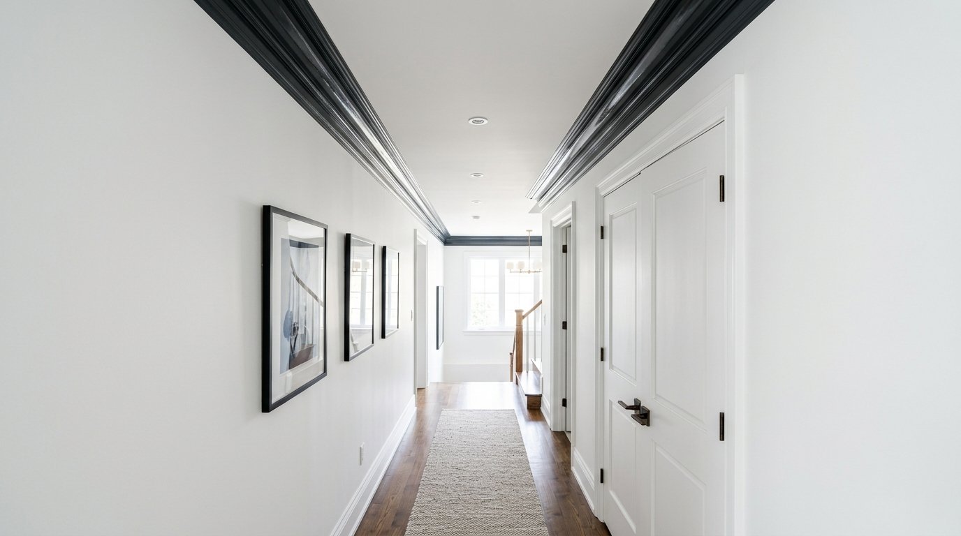 A narrow residential corridor with a wooden floor, runner rug, and dark trim details against stark white walls.