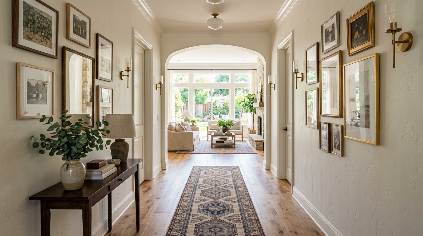 Bright hallway with hardwood floors, a long patterned rug, and numerous framed art pieces on the cream-colored walls.
