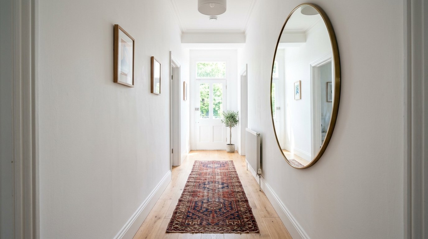 Narrow white corridor with a vintage runner rug leading to a glass paneled door and potted olive tree.