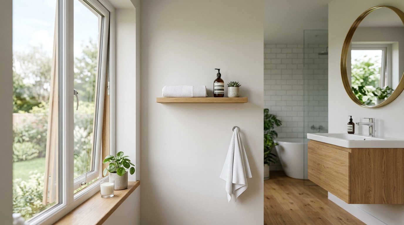 A white towel hangs on a wall next to a wooden shelf with a soap bottle and succulent in a modern bathroom.
