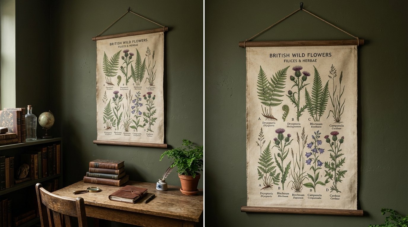 A canvas wall hanging showing detailed illustrations of various ferns and flowers with scientific names.