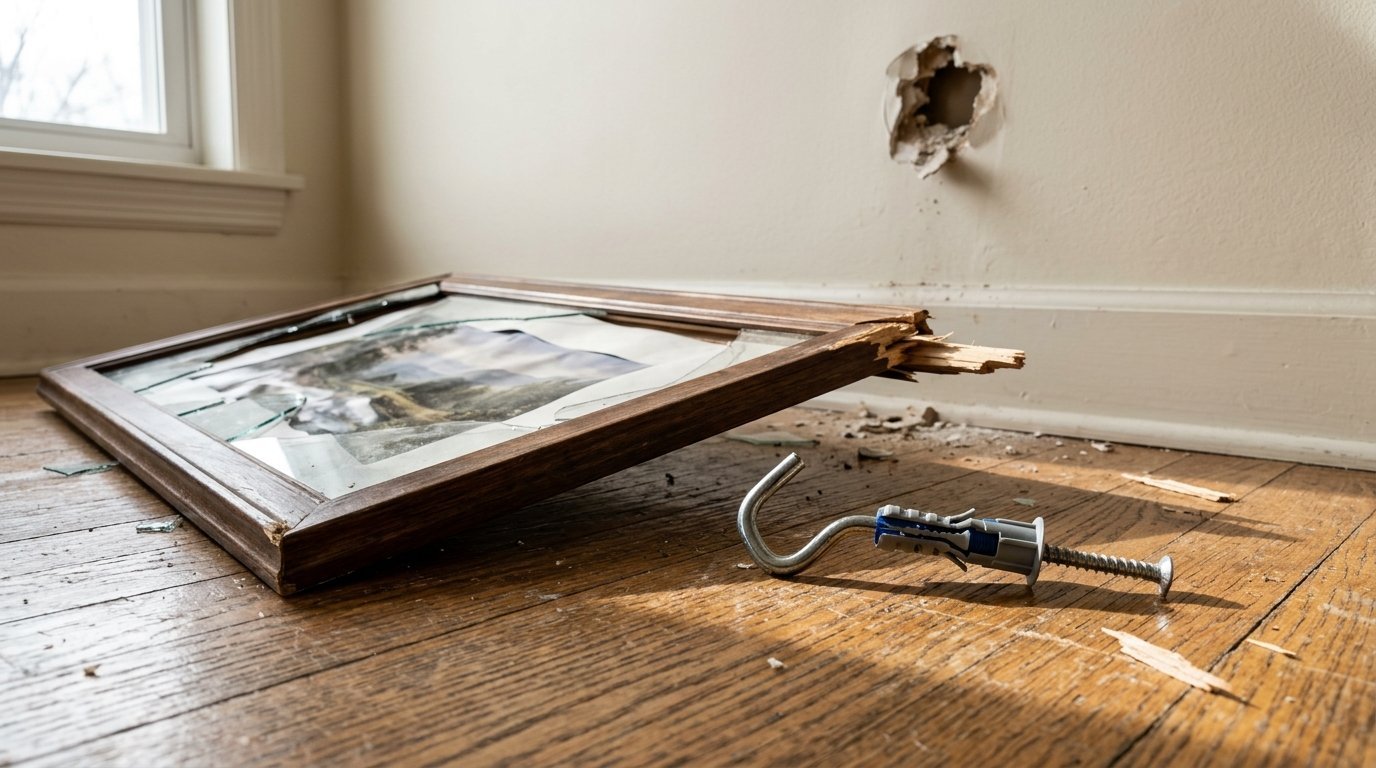 Broken glass frame and metal wall hook resting on the floor below a hole in the plaster wall.