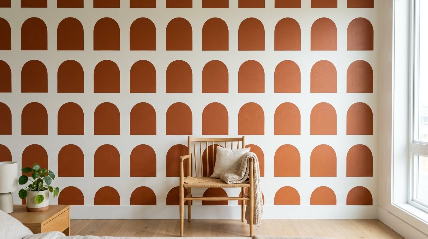 A modern spindle chair with a knit blanket sits before a white wall featuring a repeating pattern of painted arches.