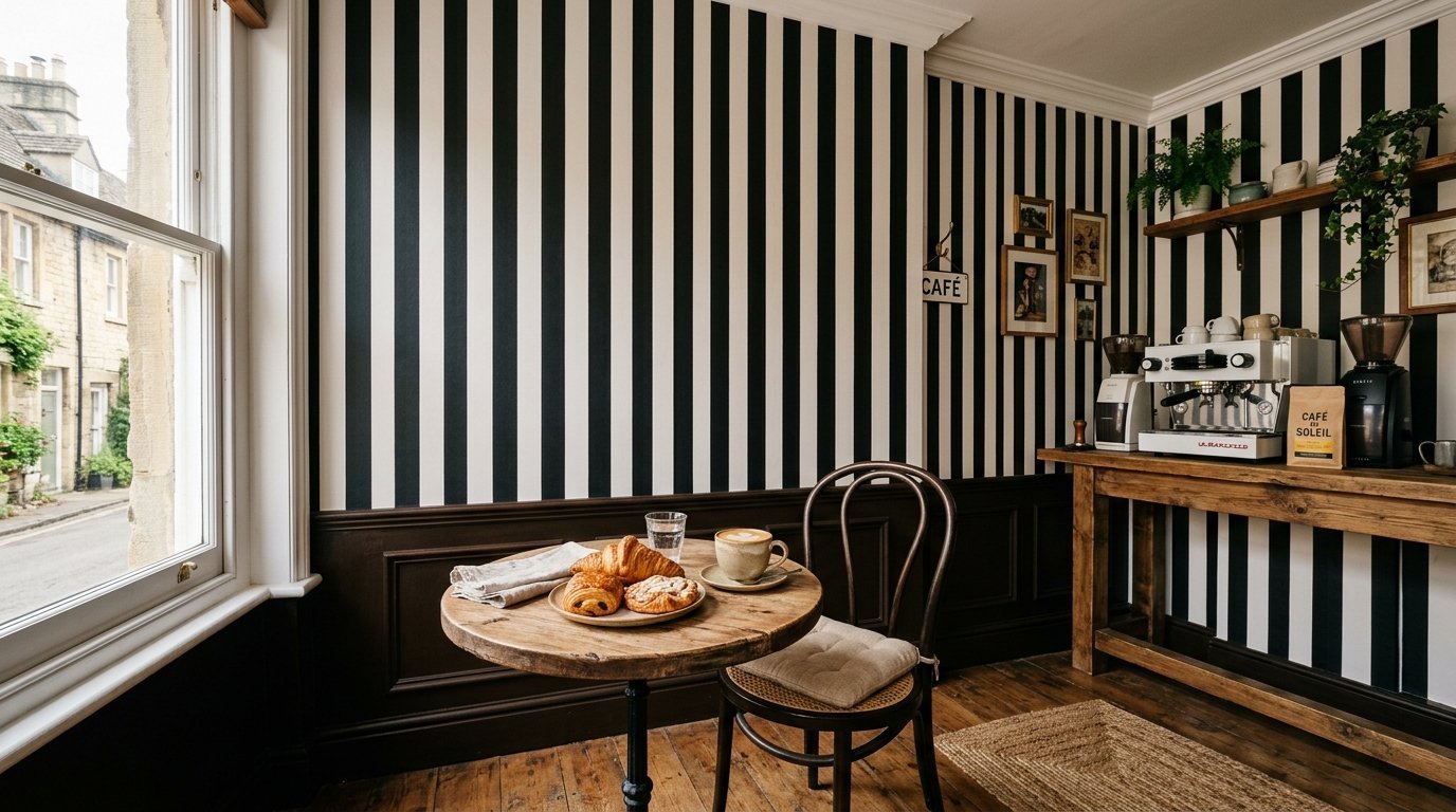 Round wooden table with pastries and coffee in front of black and white striped wallpaper and a coffee bar.