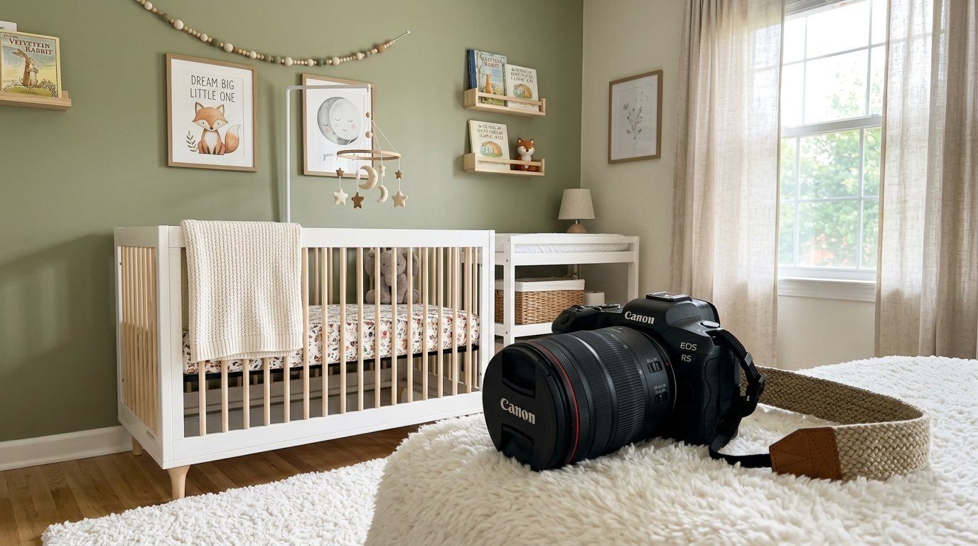 Professional Canon R5 camera sitting on a white fuzzy surface in front of a stylish green baby nursery.