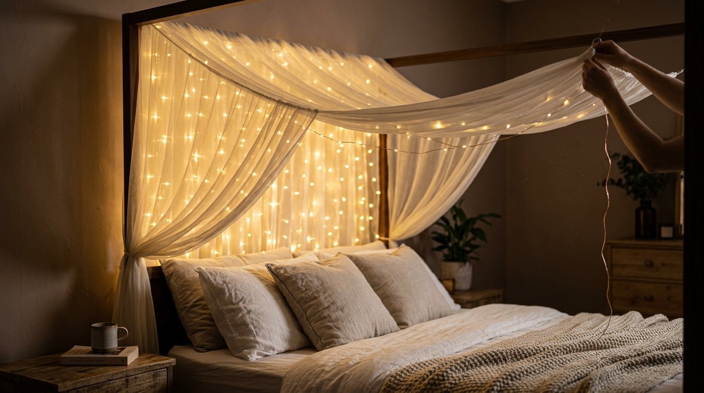 Hands draping warm glowing fairy lights over sheer white curtains on a four-poster bed frame.