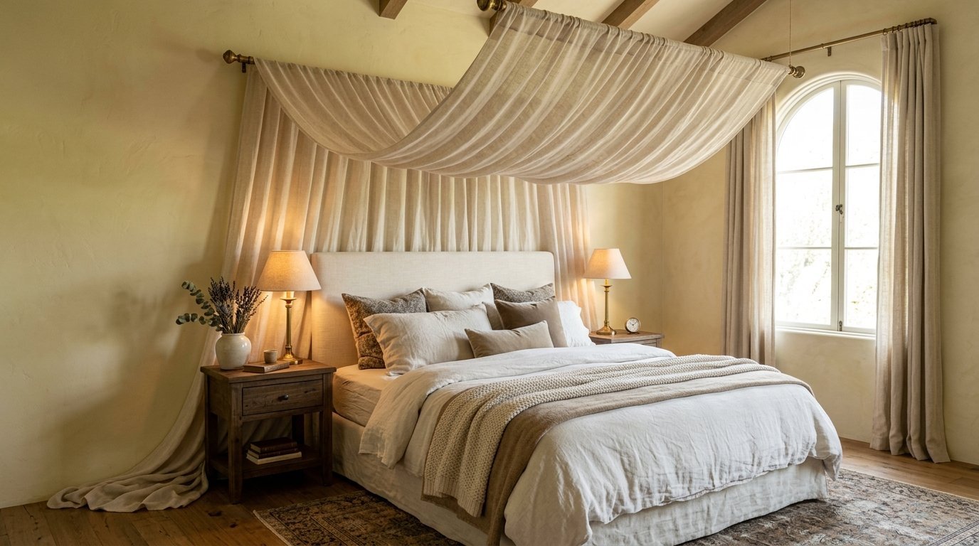 Rustic master bedroom with a linen canopy over a bed and soft warm lighting