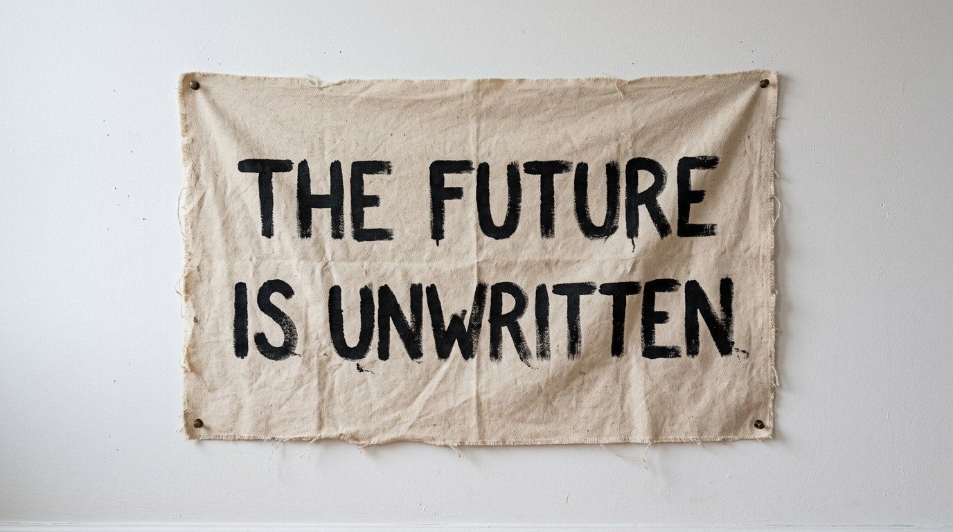 Tan fabric banner pinned to a white wall with black hand-painted text reading The Future Is Unwritten.